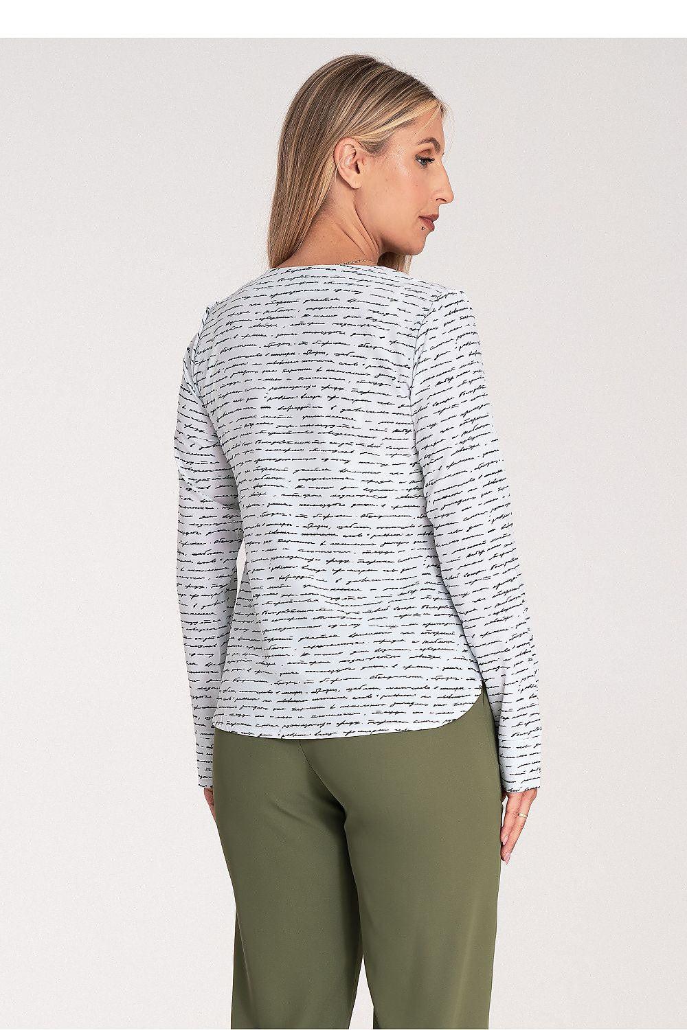 Women’s long-sleeve V-neck shirt, light gray with thin dark scribble print, back view