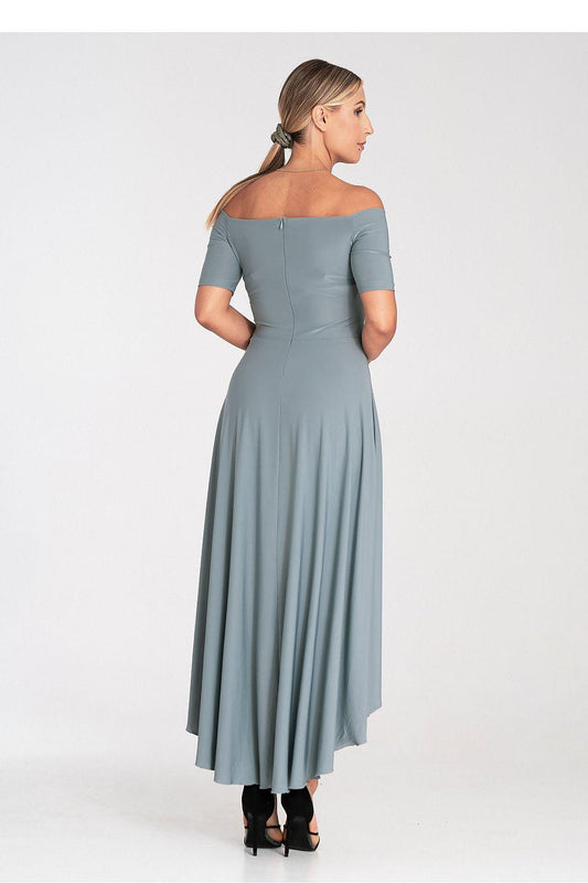 Off-shoulder evening dress in dusty blue with short sleeves and asymmetrical skirt hem