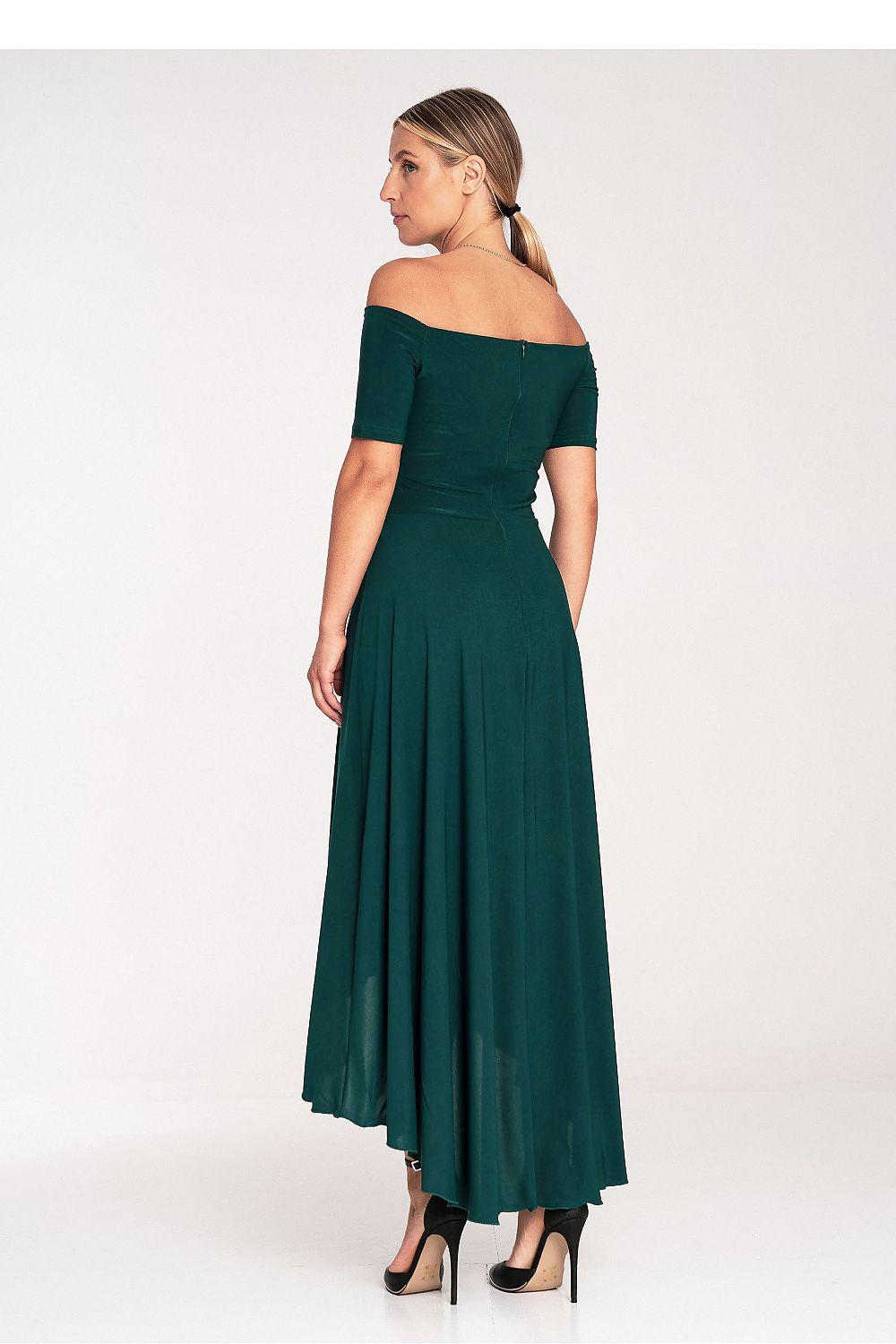 Figl asymmetrical off-shoulder evening dress, dark green side view with pleated uneven hem.