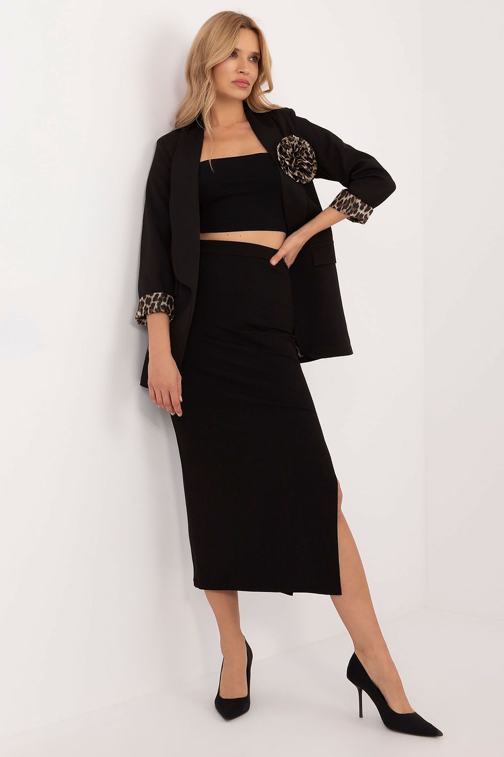 Black ribbed pencil midi skirt with front slit, high-rise fit