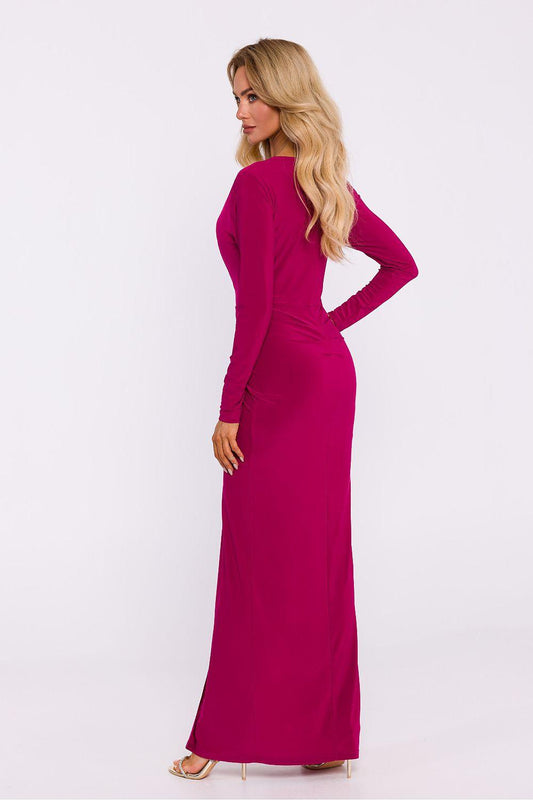 Maxi dress in deep violet with long sleeves, V-neck, and ruched waist; front view.