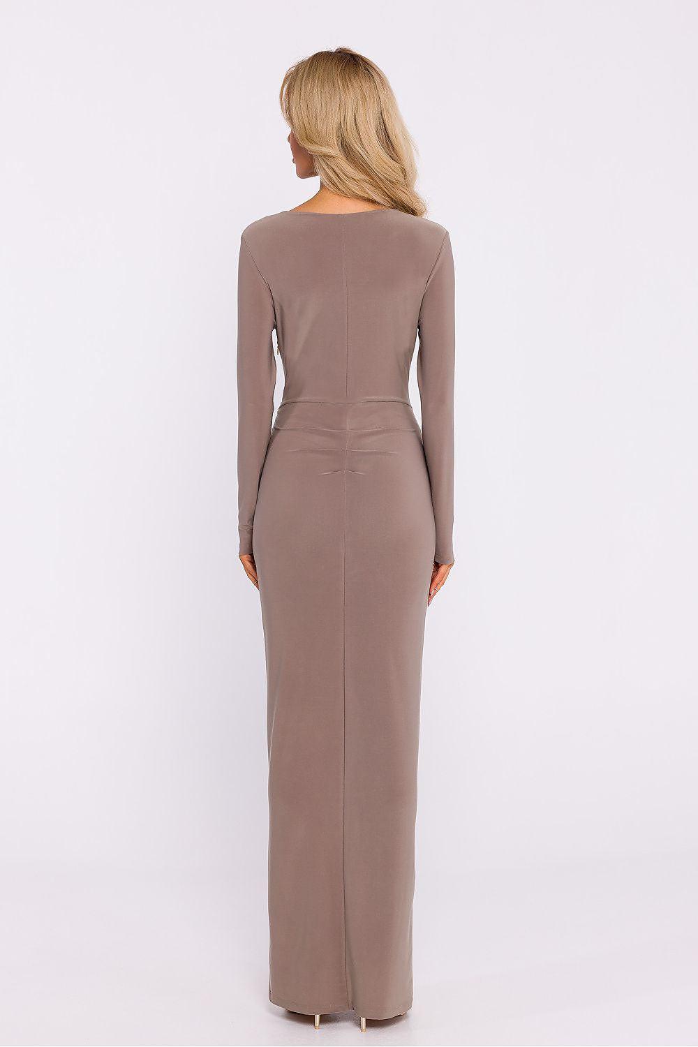 Taupe long-sleeve maxi dress with V-neck and gathered waist, back view.