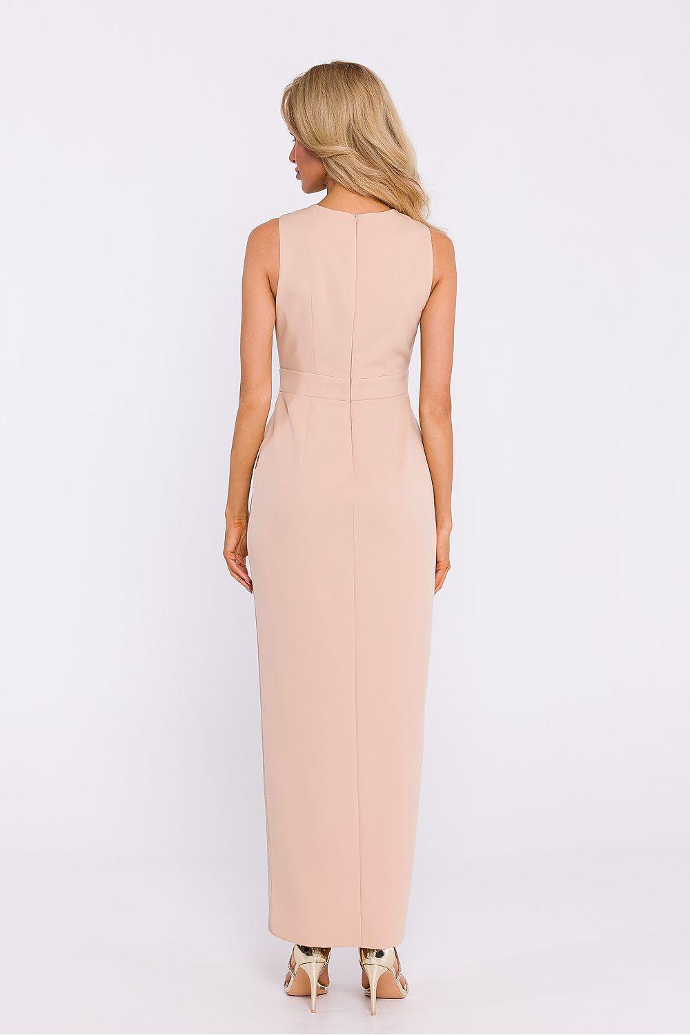 Moe long beige sleeveless dress, back view, center seam
