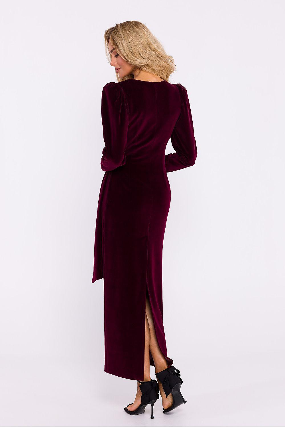 Burgundy evening dress with long sleeves, draped back and side slit