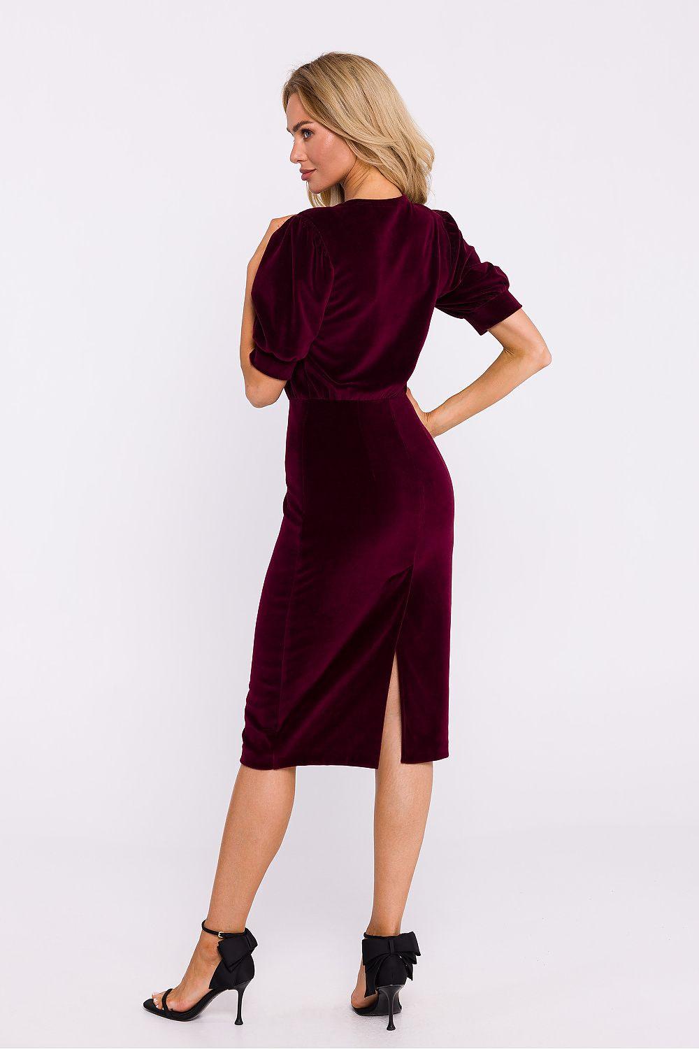Burgundy velvet daydress, back view, 3/4 puff sleeves and gathered waist, knee-length