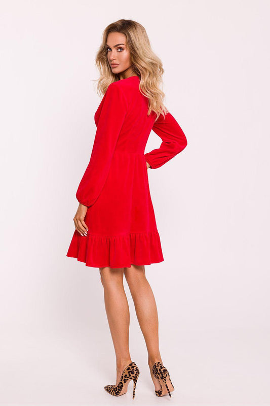 Red daydress with V-neck and long sleeves, tiered ruffle skirt hem