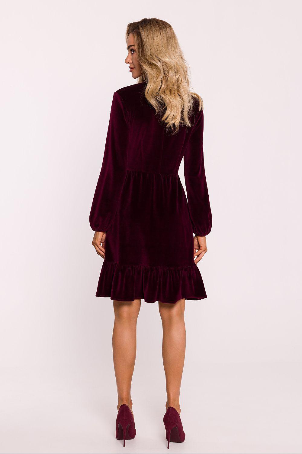 Velour daydress, burgundy, long sleeves, waist seam, tiered ruffle hem