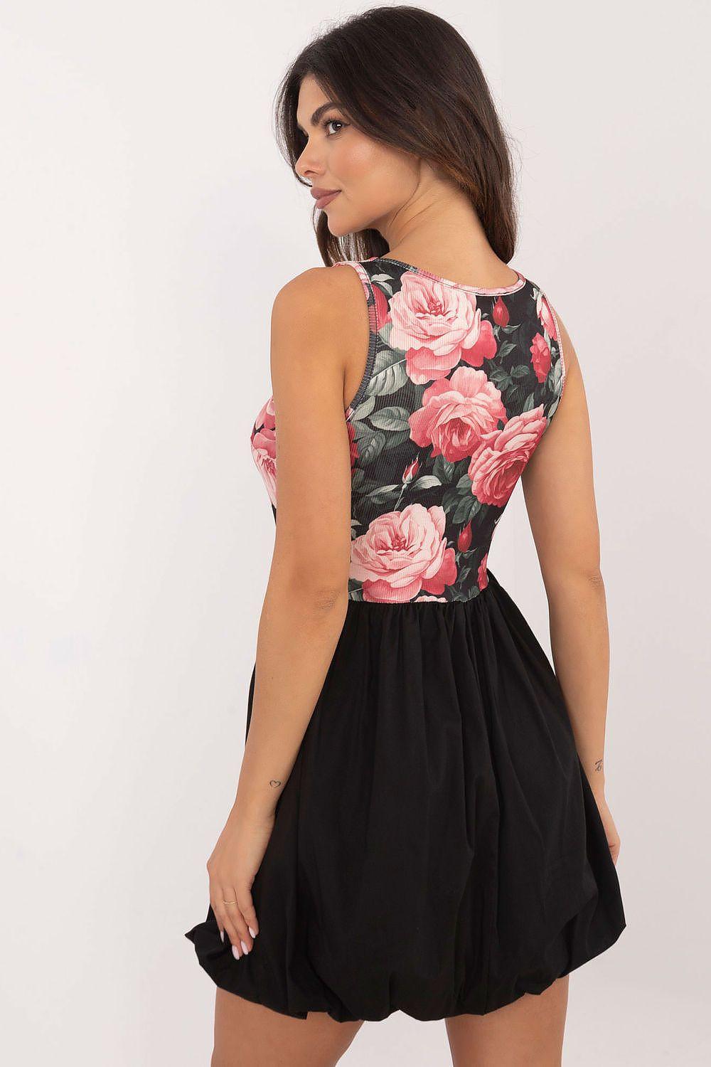 Black sleeveless daydress with pink rose floral back panel and gathered skirt