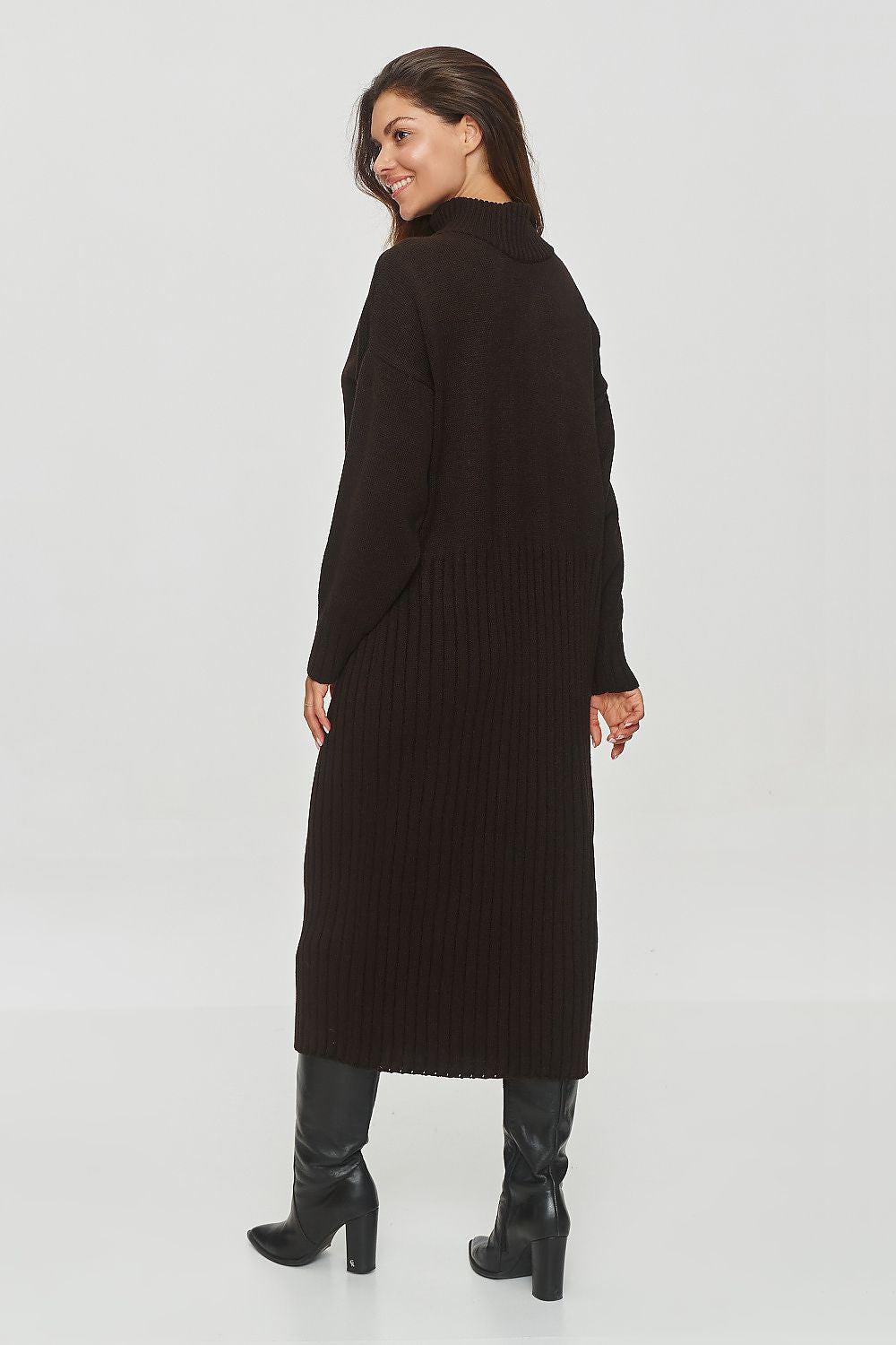 Brown ribbed knit turtleneck daydress, long sleeves, midi length, back view.