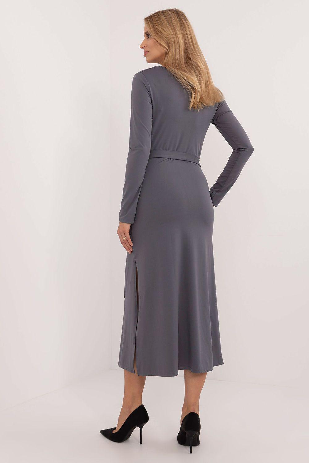 Grey long-sleeve midi day dress with fitted waist and side slit