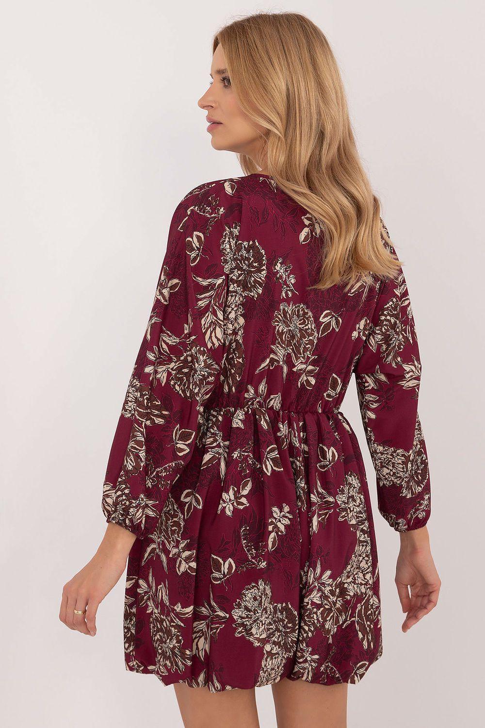Floral print flared mini daydress, burgundy with beige floral pattern, long sleeves, back view
