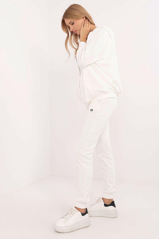 White zip-up hoodie and jogger set, side view with elastic cuffs and drawstring
