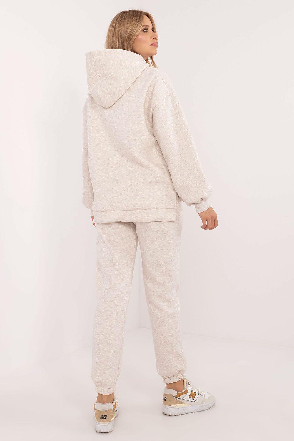 Women’s light beige hoodie set, back view with pullover hood and jogger pants