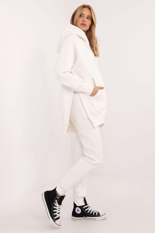 White zip-up hoodie and jogger pants set, side view, hooded sweatshirt