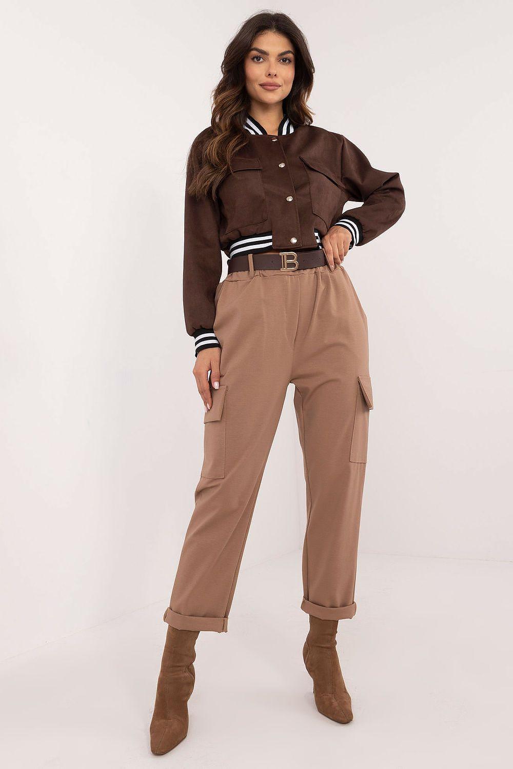 High-waist brown cargo trousers with belt loops, side pockets, and ankle cuffs