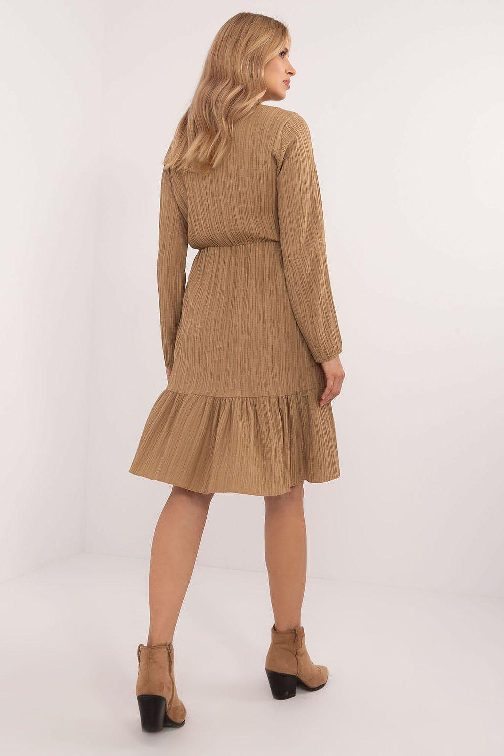 Brown long-sleeve daydress with back yoke seam and tiered skirt