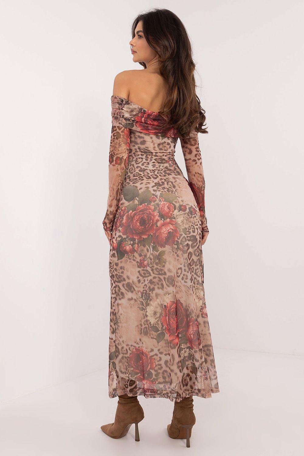Beige floral leopard off-shoulder evening dress with long sleeves, fitted midi length