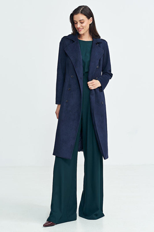 Navy belted nubuck coat with notch lapels, button closure, and long sleeves