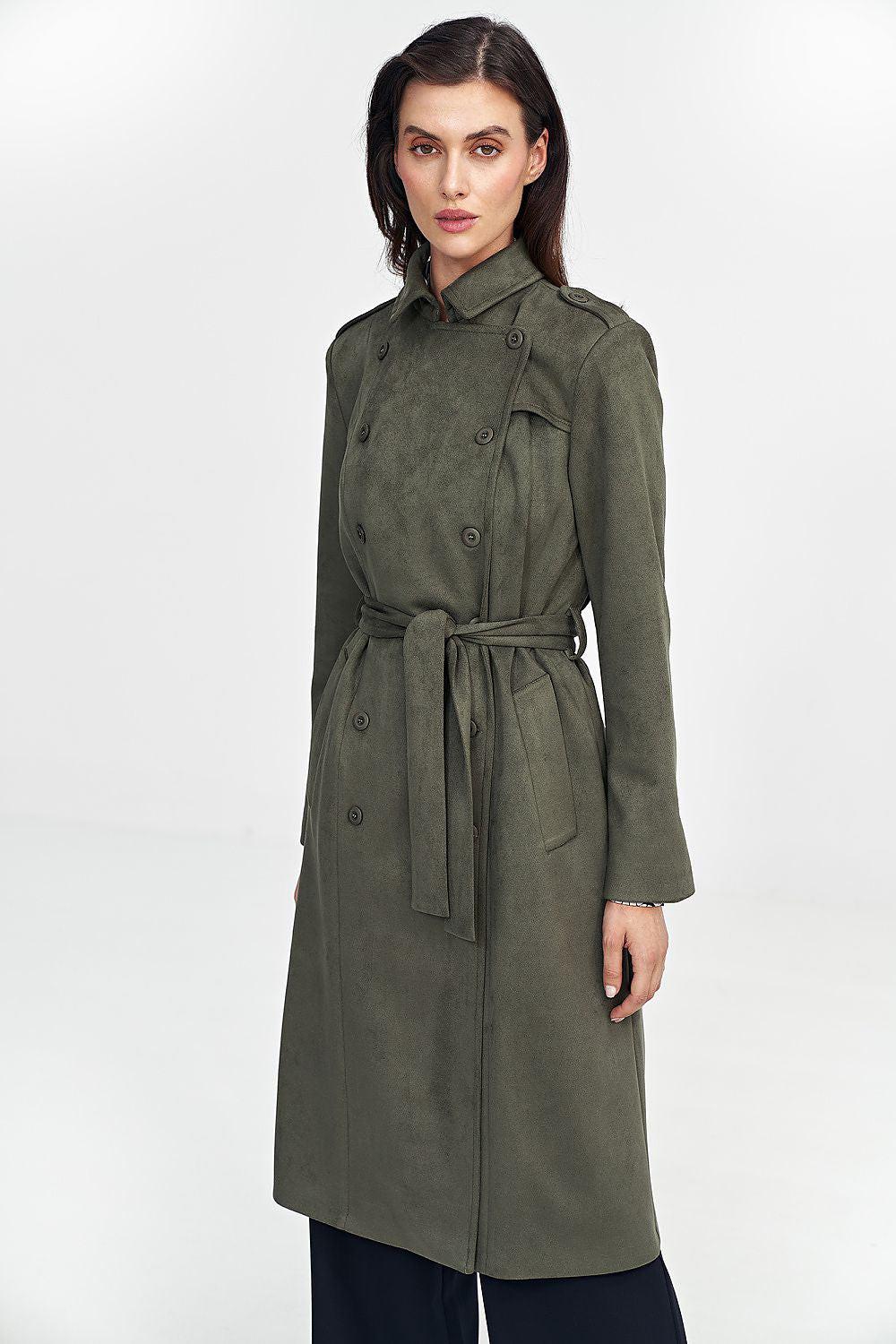 Front view of olive nubuck coat with belt tie and button closure, long sleeves.