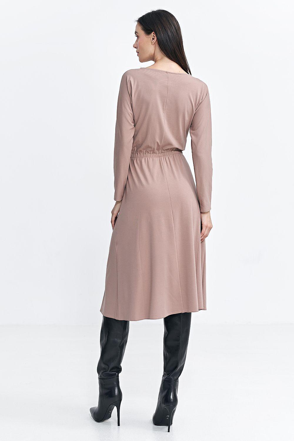 Beige long-sleeve daydress with gathered back waist, midi length
