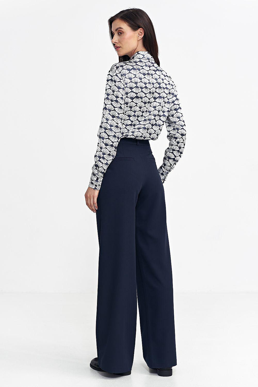 Navy wide-leg trousers with relaxed fit, elegant pleats, high waist