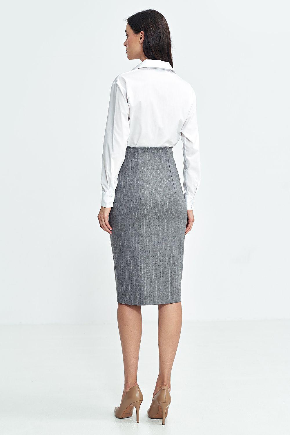 Grey midi pencil skirt with front slit and button front, back view