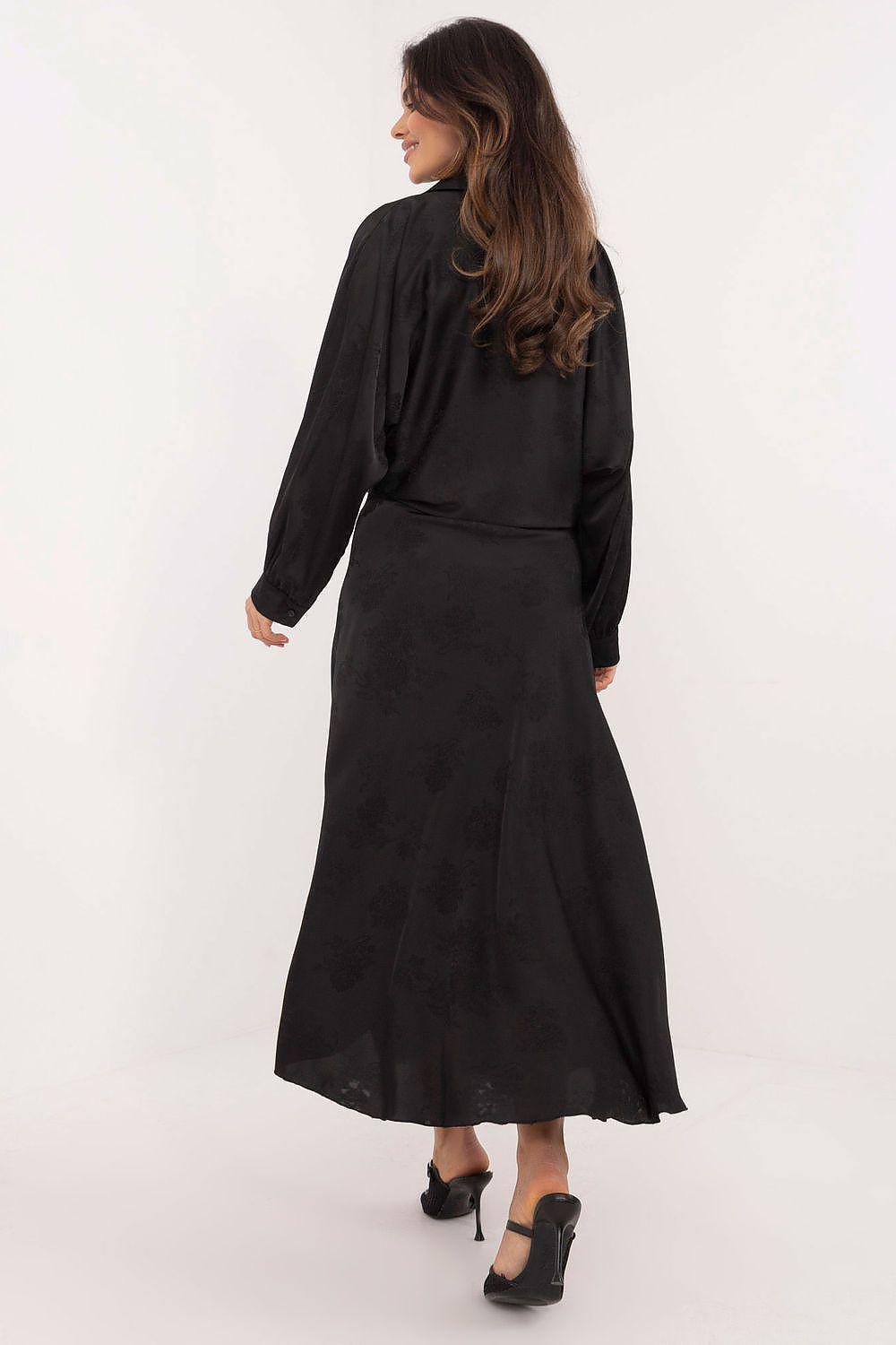 Black belted midi dress with long sleeves, back view