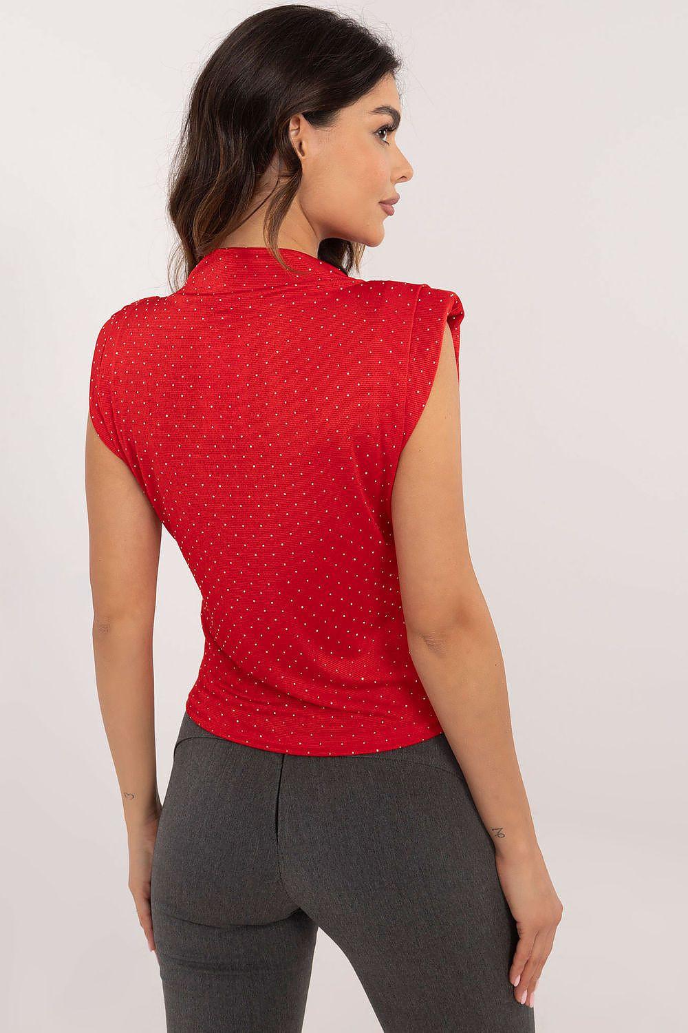 Red sleeveless blouse with small dot pattern, high back and shoulder yoke