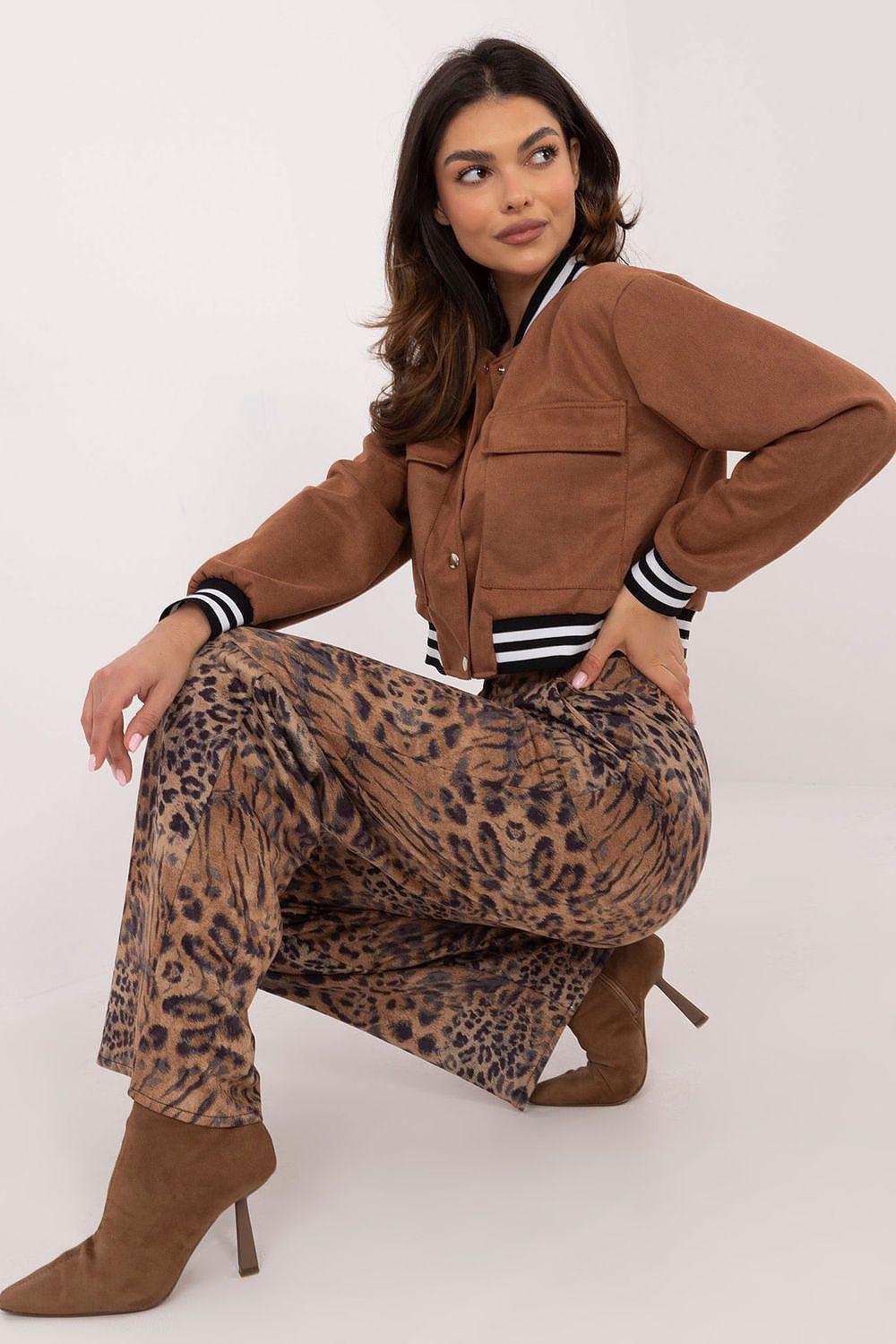 Women’s leopard-print wide-leg trousers with button front on brown base