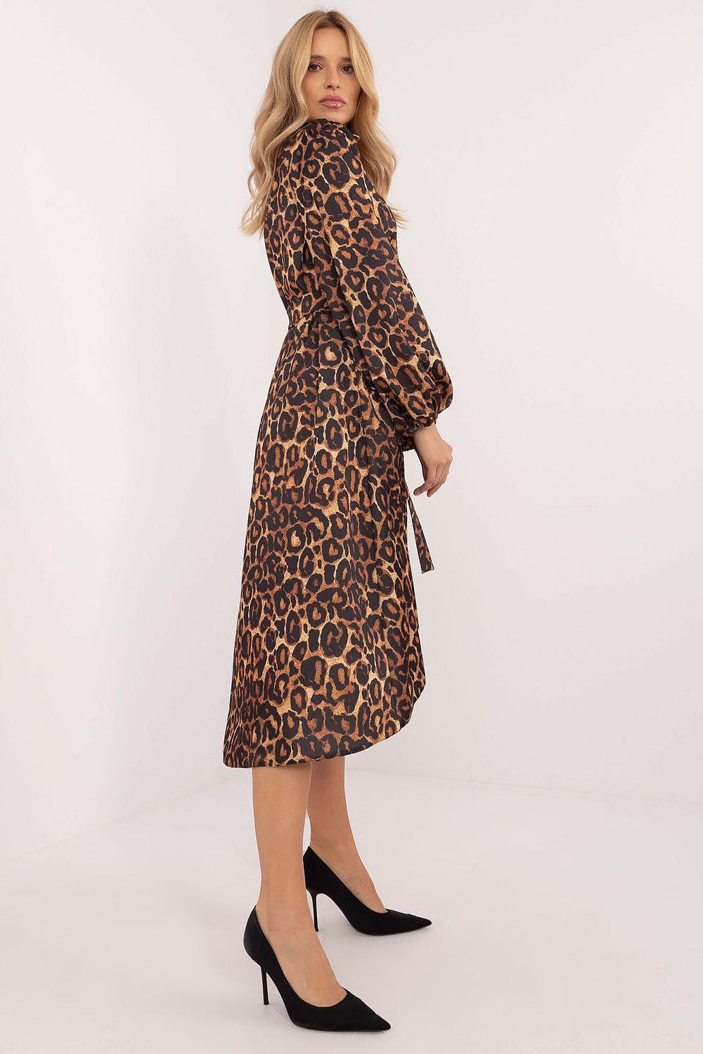 Brown leopard print daydress with long puff sleeves and midi length, crew neck