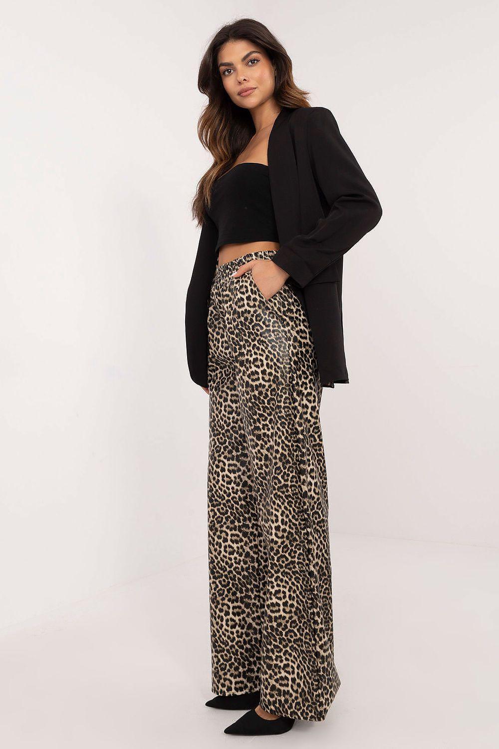 Women leopard-print trousers with wide straight legs, side view, beige and dark brown
