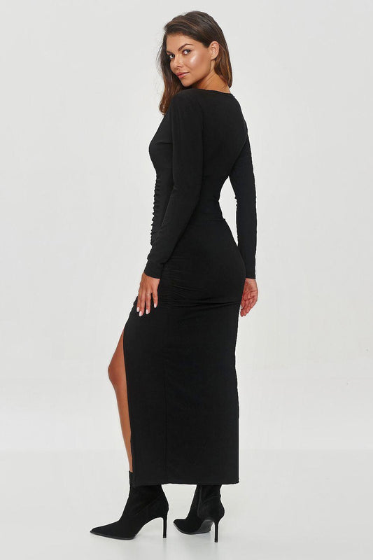 Black fitted evening dress, long sleeves, ruched skirt, side slit
