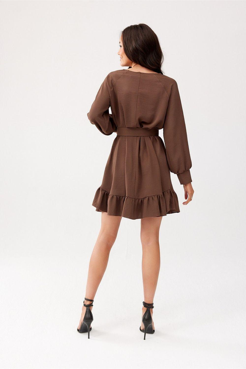 Brown daydress with adjustable belt, long sleeves, and ruffle hem