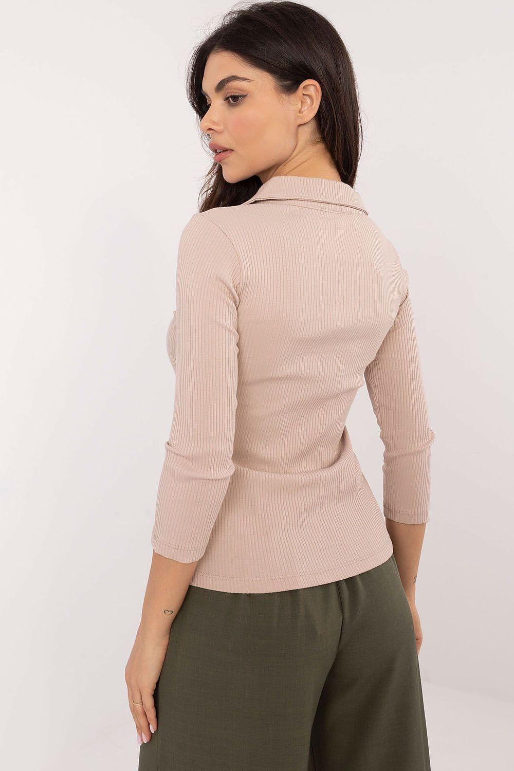 Beige ribbed polo blouse, back view, 3/4 sleeves