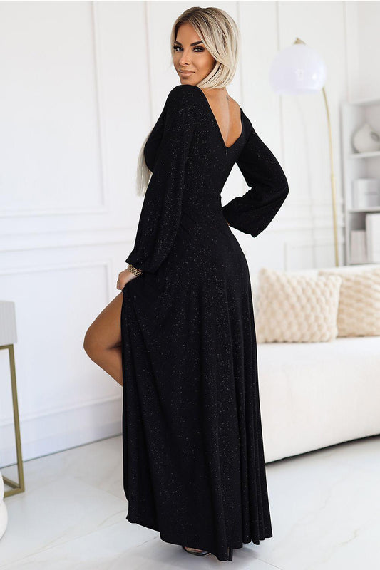 Black long dress with V-neck, wide sleeves, and side slit.