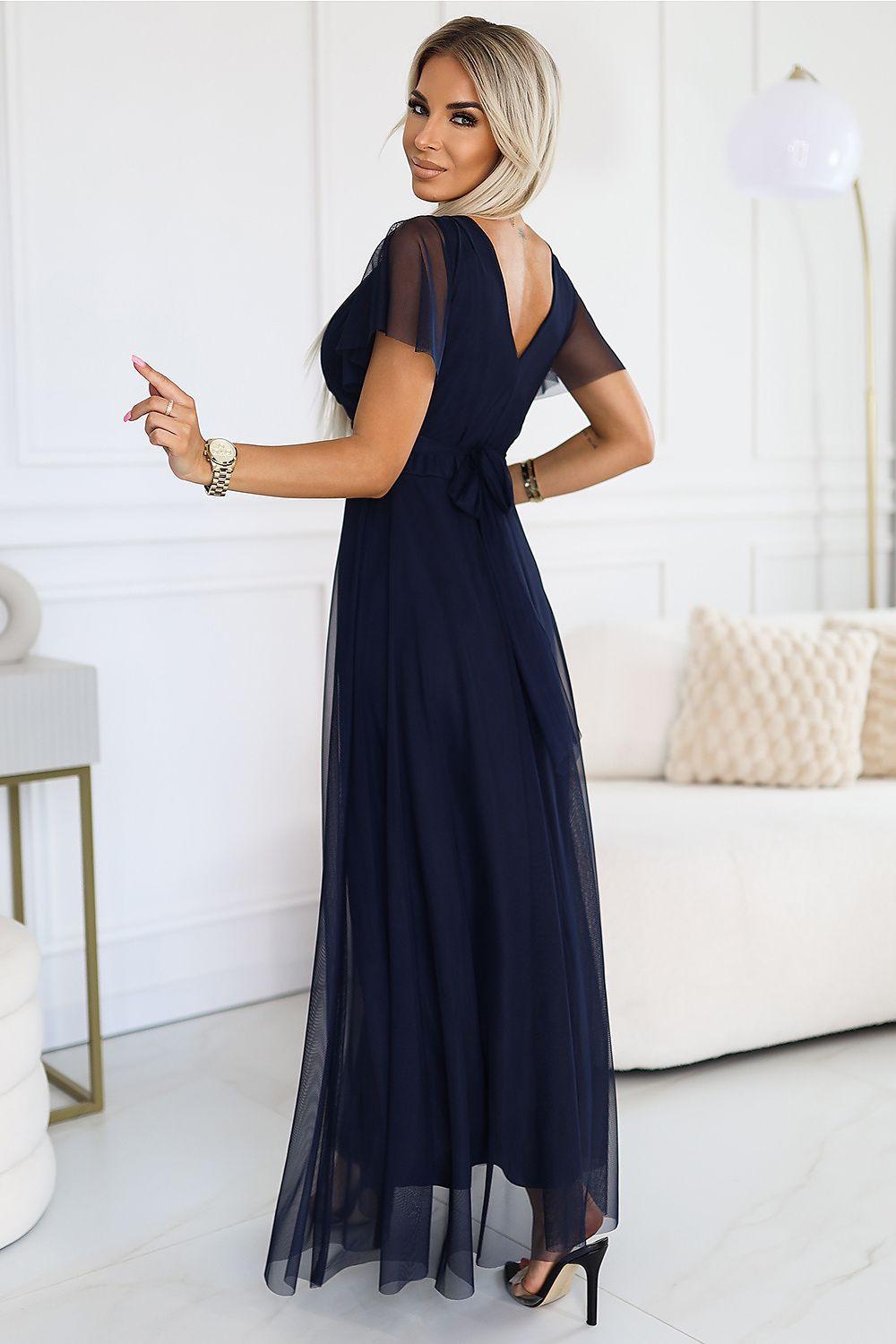 Navy maxi tulle evening dress with open back and sheer short sleeves
