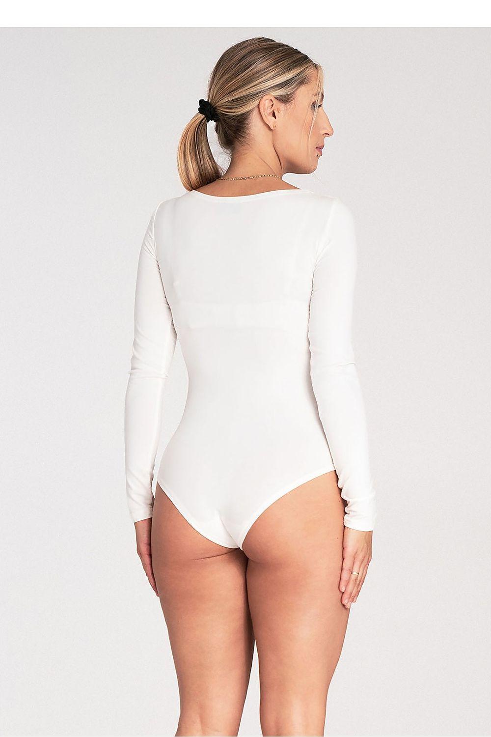White shapewear bodysuit back view, long sleeves, scoop neckline, thong bottom