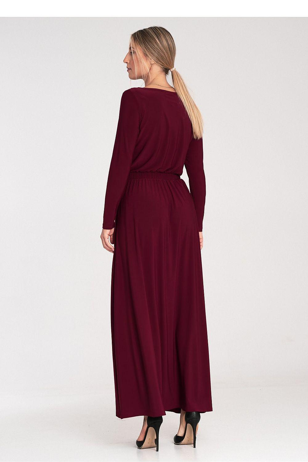 Figl burgundy daydress with long sleeves, gathered waist, maxi length, back view
