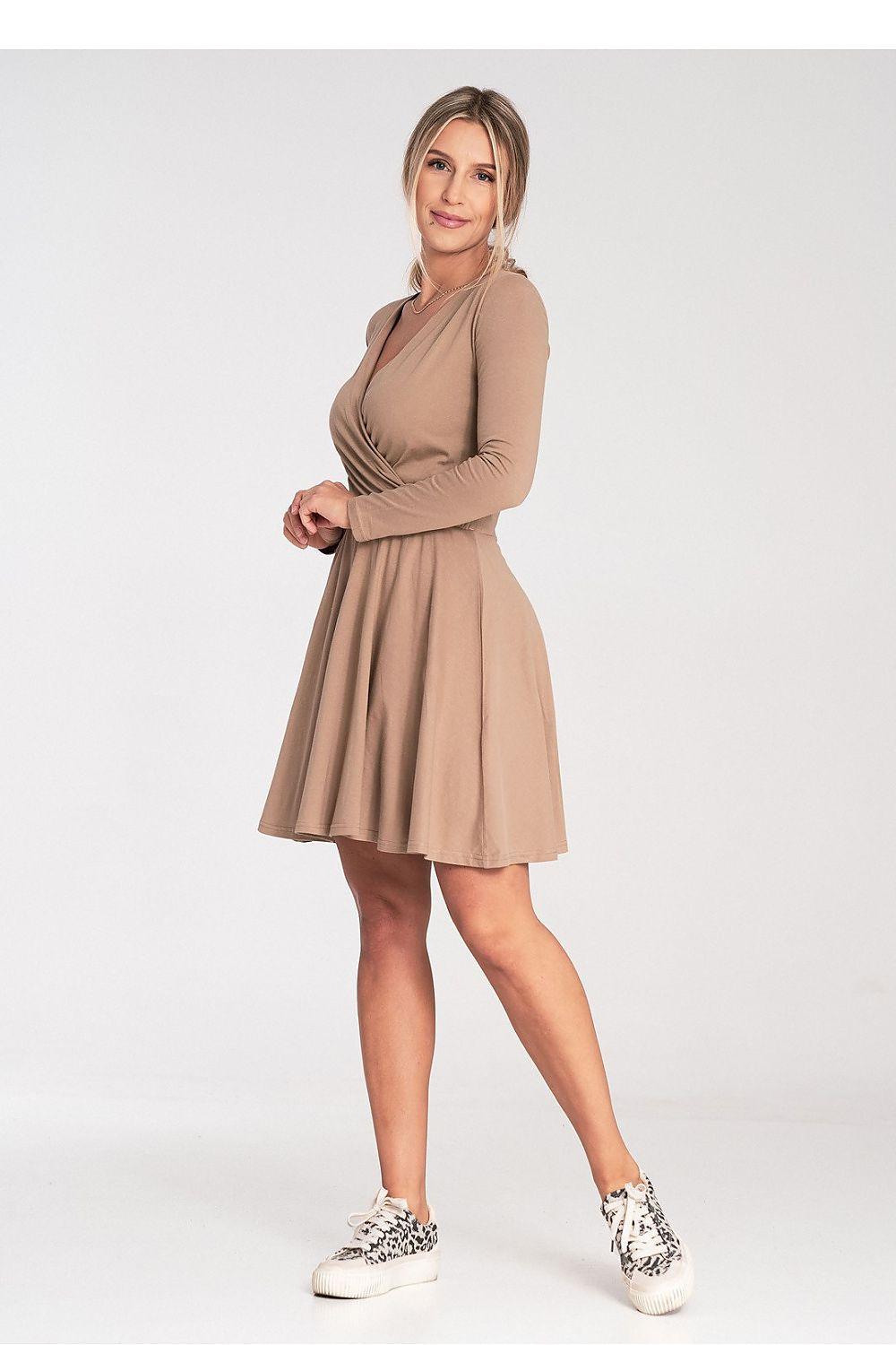 Beige long-sleeve wrap day dress with V-neck and pleated skirt, above-knee