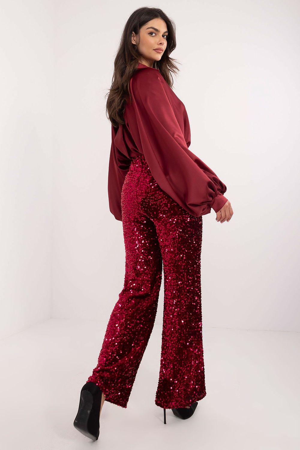 Red sequin wide-leg trousers, side view, ankle length
