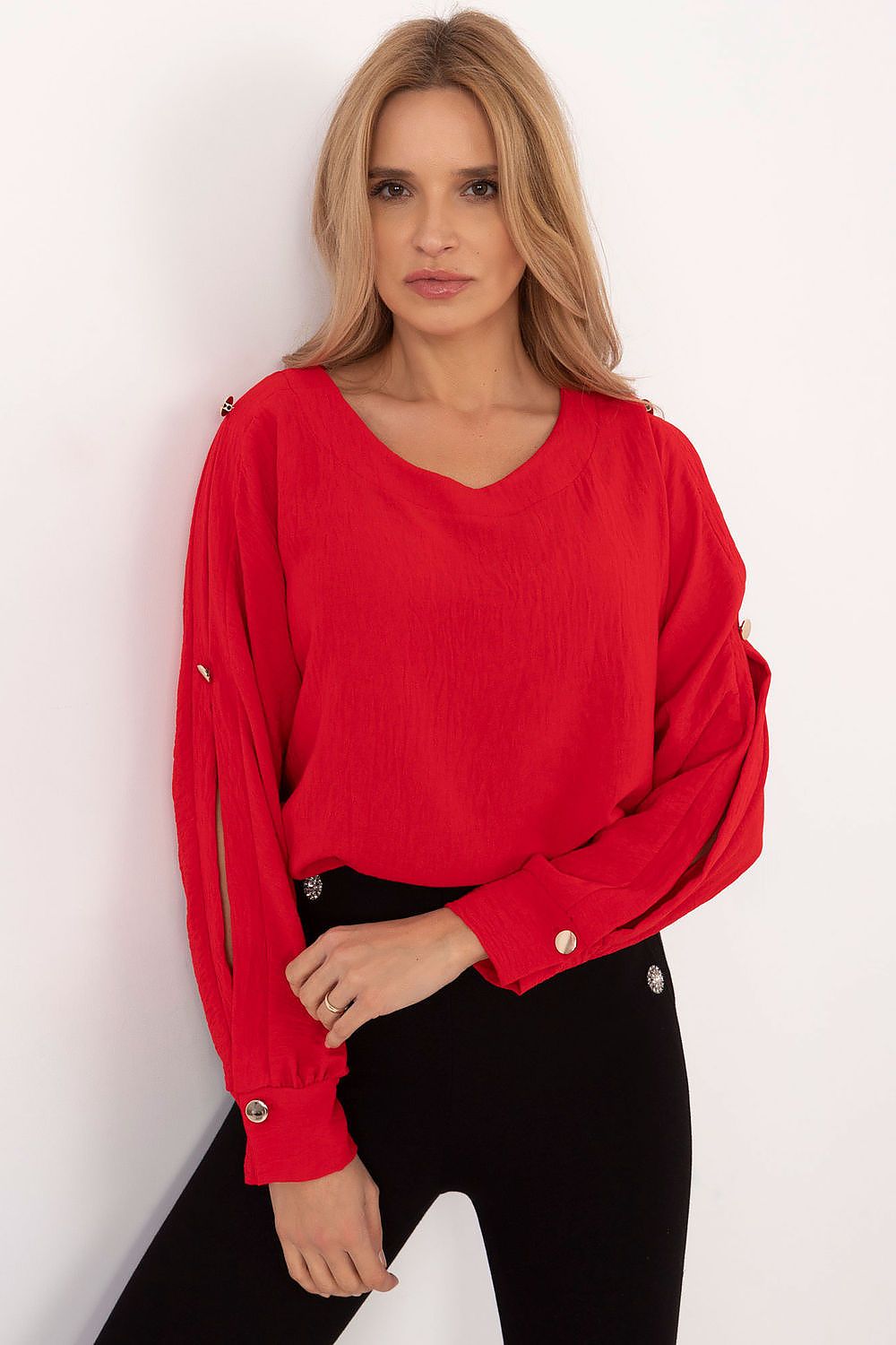 Red long-sleeve blouse with V-neck and buttoned cuffs