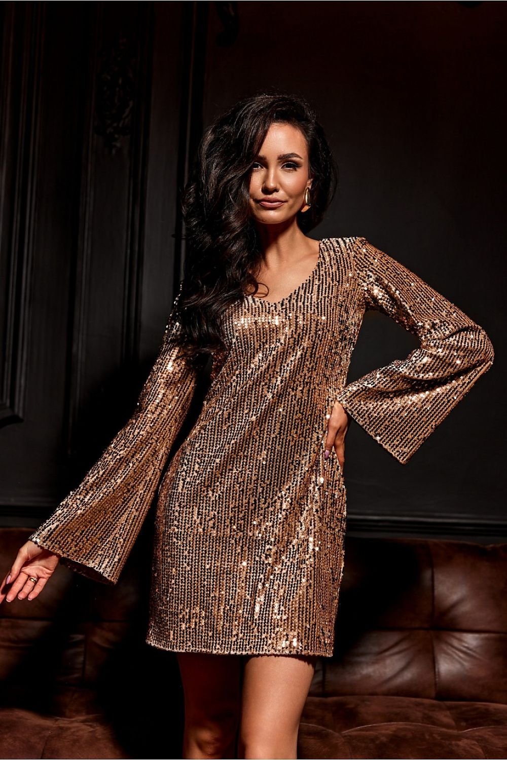 Beige sequin A-line mini dress with long sleeves and round neckline