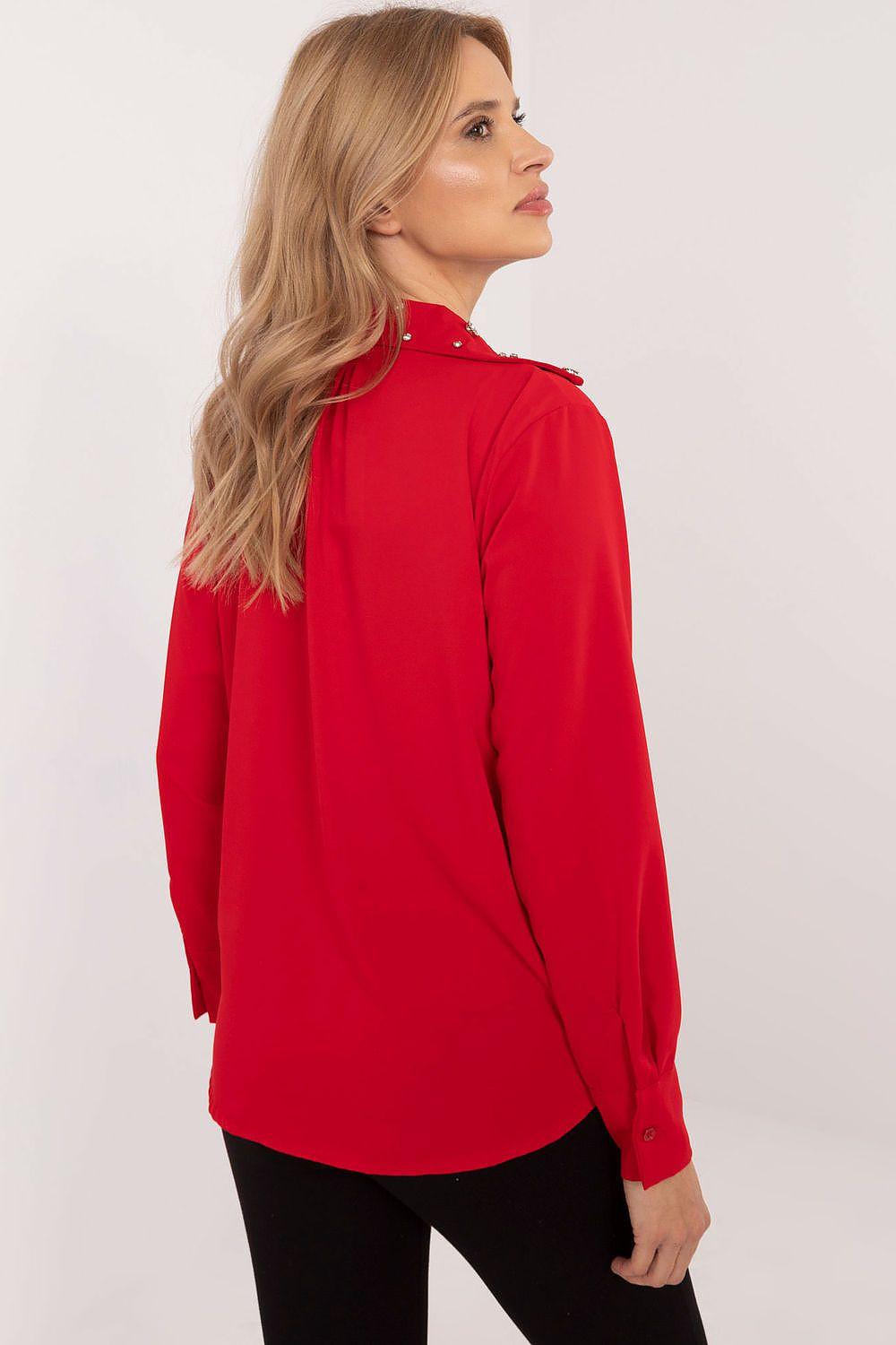 Red long-sleeve shirt with pointed collar and button front, relaxed fit