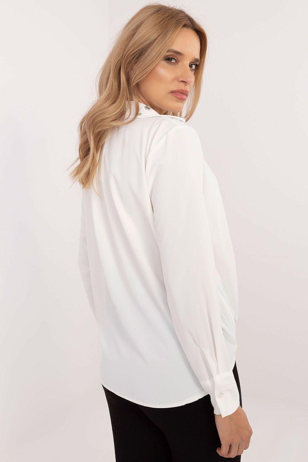 Women's long-sleeve button-up shirt with stand collar, white, side profile