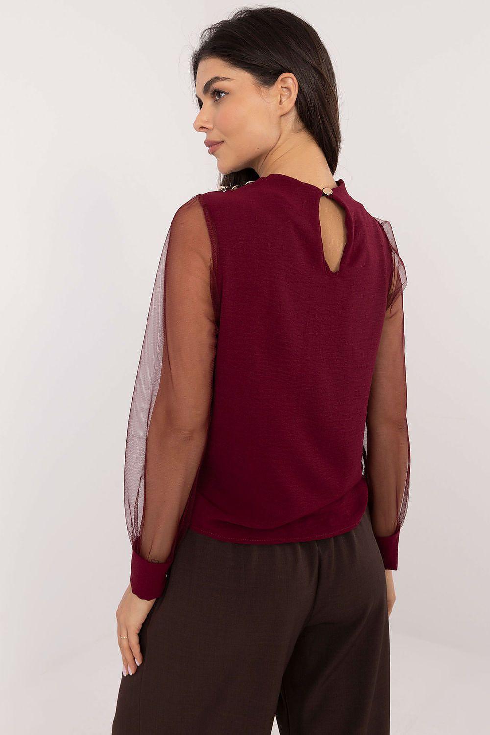 Burgundy blouse with sheer mesh sleeves and buttoned back keyhole