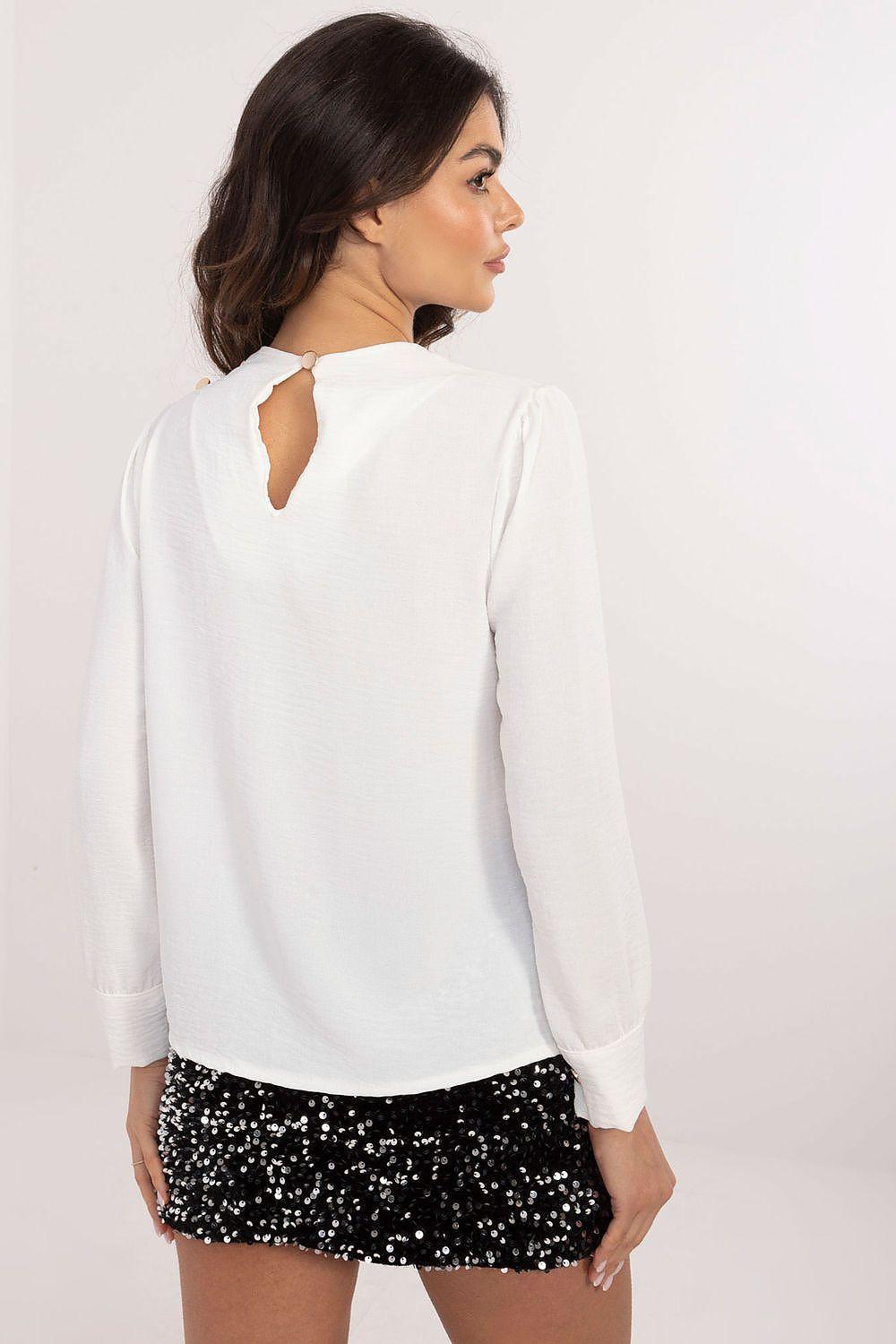 White blouse back view with keyhole button opening and long puff sleeves