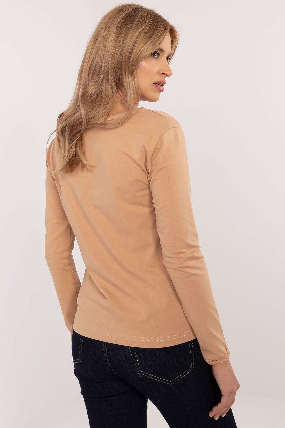 Tan long-sleeve blouse from the back with crew neck