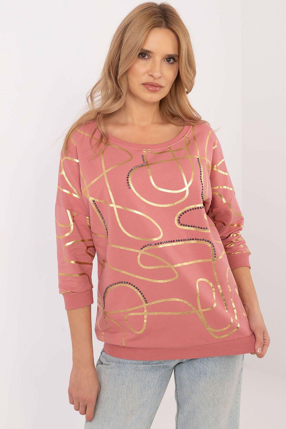 Pink cotton blouse with gold swirl print, crew neck, 3/4 sleeves