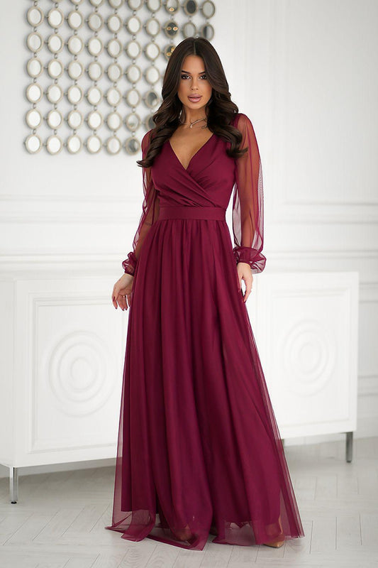 Burgundy long wrap dress with V-neck, gathered waist, and flowing skirt with side slit