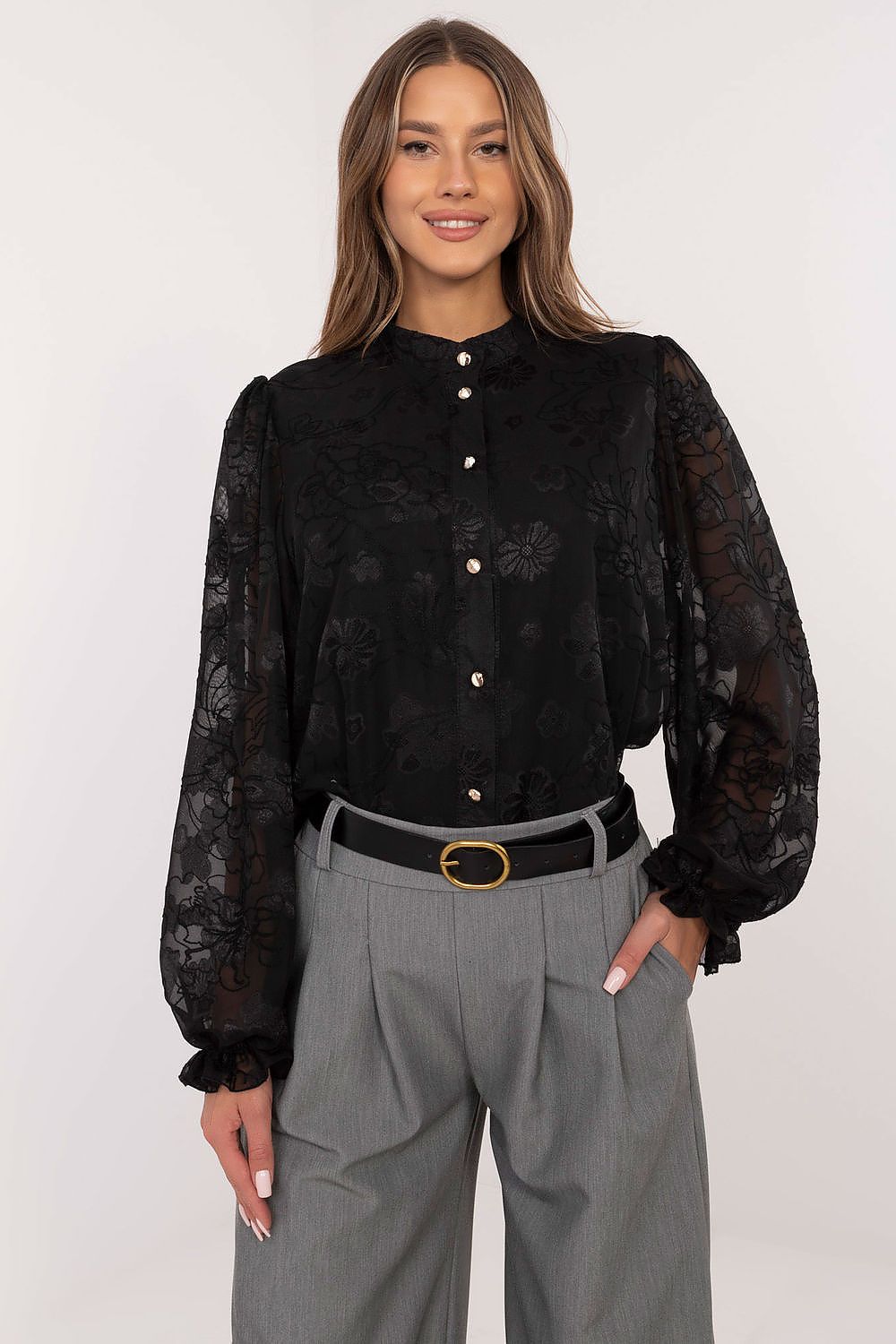 Black sheer embroidered long-sleeve shirt with button front and gathered cuffs